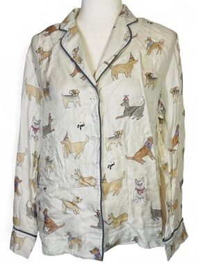 cjw Size Large L Long Sleeve Button Down Dog Print Pajama Top Silk Viscose Blend